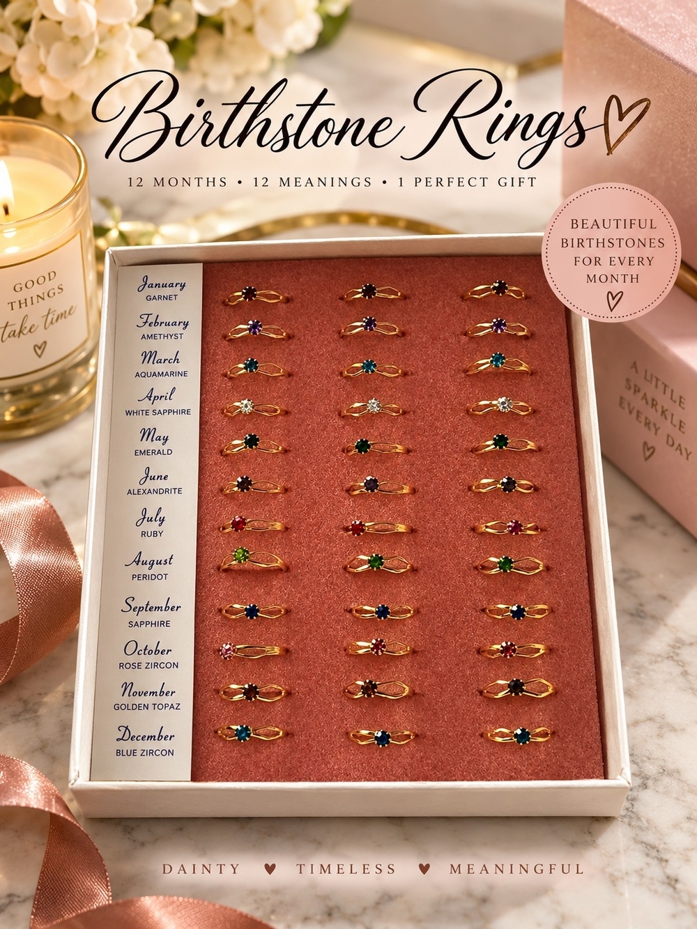 Birthstone Rings Set – Gold Dainty Monthly Birthstone Rings